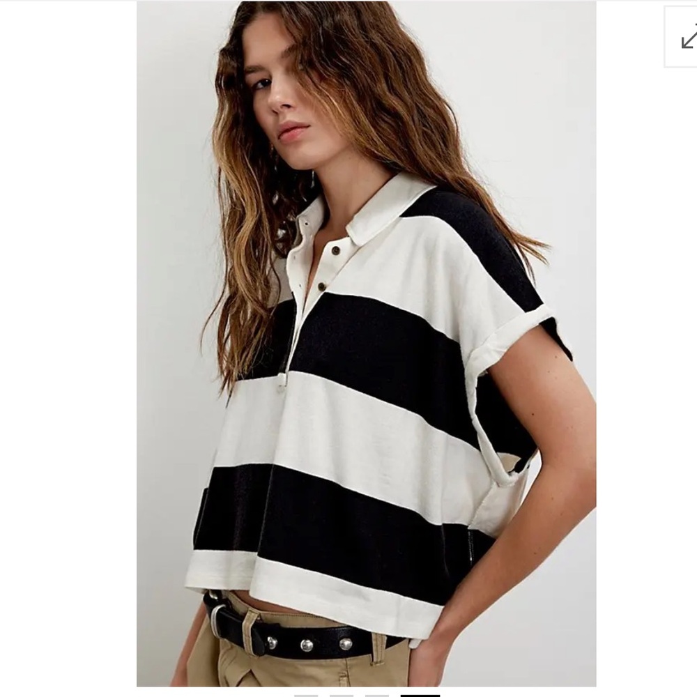 We The Free Taylee Muscle Black & White Striped Cropped Polo - Picture 3 of 3